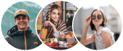 Three smiling people in circular frames